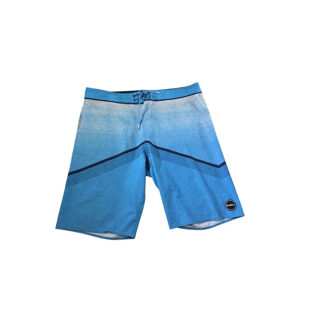 O'Neill Hyperfreak Board Shorts Mens Size 34 Blue Chevron Zip Pocket EUC 10